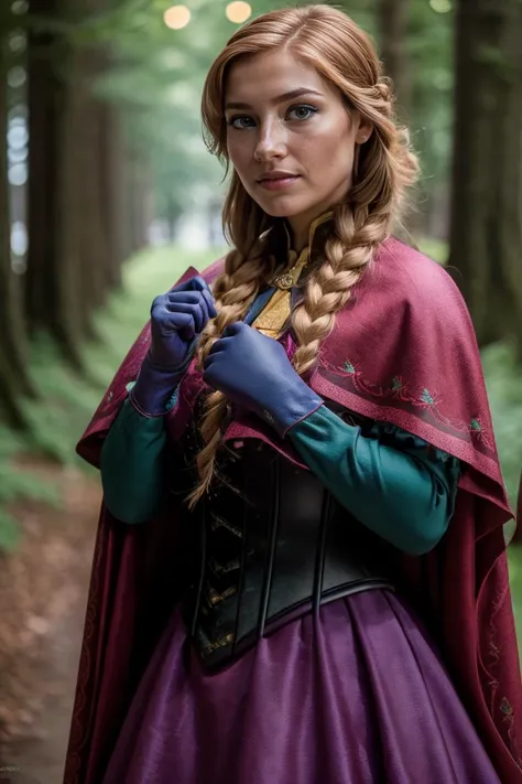 <lora:Anna_character:0.8> A professional full body photo of AnnaWaifu:1.4, dress, gloves, dress, boots, corset, cape, 
finely detailed skin, detailed hair, sharp focus, depth of field. female focus. bokeh:1.4, natural lighting, kkw-ph1