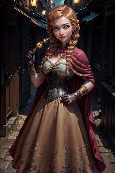 (masterpiece, best quality:1.2), solo, 1girl, (cowboy shot:1.2), AnnaWaifu, (beautiful skin:1.2), adult woman, beautiful face ,elegant face, (beautiful eyes:1.4), green eyes, braids, brown hair, (gloves, dress, long skirt, boots, corset, cape:1.2), breasts, in dark room, (at night:1.3), shyly smile, <lora:Anna_character-20:.5> <lora:add_detail:0.3> <lora:hipoly3DModelLora_v20:0.3>  <lora:RSERomantic_RSESofiko_RSEEmma-v1:0.3>
