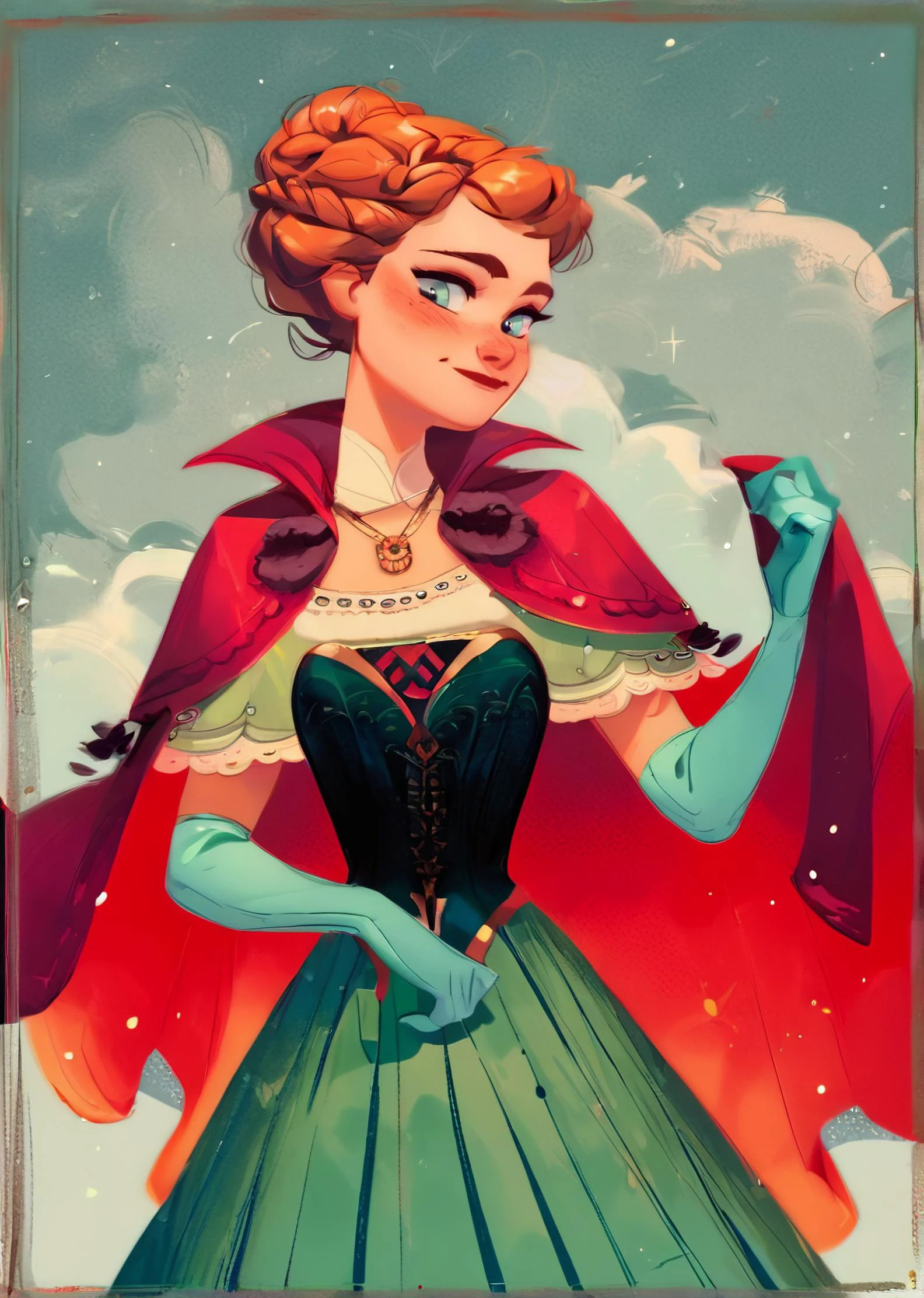 score_9, score_8_up, score_7_up, score_6_up, score_5_up, 1girl, AnnaXLP, <lora:AnnaXLP_character:0.8> long skirt, elbow gloves, red cape, capelet, corset, twin braids, green dress, long skirt, corset, hair bun, necklace, <lora:Lilandava_PDXL:0.5> AdamHughesstyle