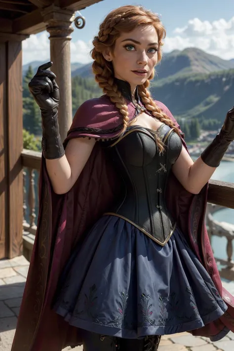 photo of Anna, (skinny:1.2), fit, detailed hair, detailed face, beautiful eyes,
((gloves, dress, boots, corset, cape)),
(blurred background, scenic), ((sexy pose)),
(masterpiece, best quality), (photorealistic:1.4), full body, perfect illumination, (best shadow),
annawaifu, <lora:Anna_character:0.7>