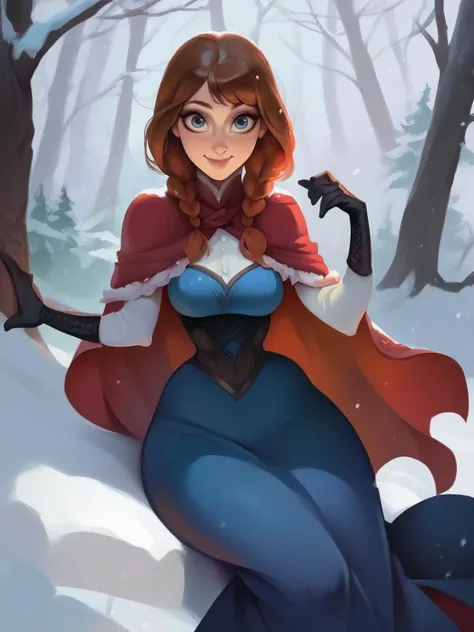 score_9, score_8_up, score_7_up, score_6_up, 1girl sitting on the snow, blue dress, long skirt, elbow gloves, red cape, capelet, corset, twin braids, medium breasts, narrow waist, wide hips, thick thighs, looking at viewer, dynamic pose, smile, cute, solo, cowboy shot, forest, winter, trees, realistic, cute, cartoon, from above,
 <lora:AnnaXLP_character:0.8>AnnaXLP  <lora:Bonifasco_PonyXL_v1:1>