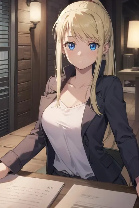 winryrockbell, <lora:winryrockbell:1>, winry rockbell, blue eyes, blonde hair, BREAK shirt, long sleeves, collarbone, jacket, white shirt, ponytail, sidelocks, earrings, open jacket, black jacket, swept bangs, BREAK indoors, BREAK looking at viewer, BREAK <lora:GoodHands-vanilla:1>, (masterpiece:1.2), best quality, high resolution, unity 8k wallpaper, (illustration:0.8), (beautiful detailed eyes:1.6), extremely detailed face, perfect lighting, extremely detailed CG, (perfect hands, perfect anatomy),