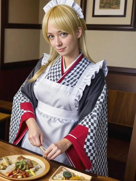 best quality, masterpiece, highres, detailed, perfect anatomy,  <lora:Detail - add_detail:0.2> , WafuMaidCh, checkered kimono, apron, frills, restaurant, <lyco:WafuMaid-10:0.8>, european 30 year old woman, milf, makeup, cosplay, blonde hair,