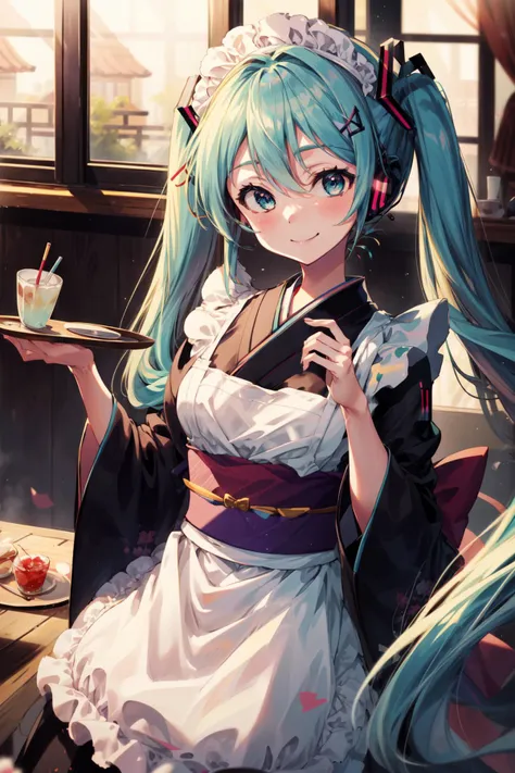 masterpiece,best quality,1girl,hatsune miku,smile,holding tray,sweets,WafuMaidCh,kimono,apron,frills,maid headdress,sash,<lora:WafuMaid:0.7>,