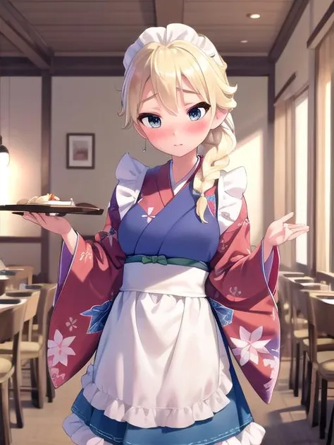 best quality, masterpiece, highres, detailed, perfect anatomy,  <lora:Detail - add_detail:0.2> , WafuMaidCh, checkered kimono, apron, frills, restaurant, <lyco:WafuMaid-10:0.8>, elsa, blonde hair, blush, blue clothing, braided ponytail,  <lora:Character - Elsa-04:0.8>