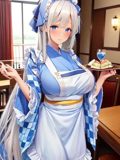 best quality, masterpiece, highres, detailed, perfect anatomy, <lora:Detail - add_detail:0.2> , WafuMaidCh, checkered kimono, apron, frills, restaurant, <lyco:WafuMaid-10:0.8>, Mylene, white hair, blue ribbon, white and blue clothing, milf, <lora:Character - MyleneV3:0.8>