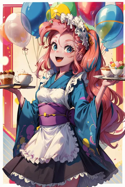 masterpiece,best quality,1girl,(mlppinkiepie),pink hair,blue eyes,smile,open mouth,holding tray,sweets,WafuMaidCh,kimono,apron,frills,maid headdress,sash,balloon,cafe,<lora:WafuMaid:0.5>,<lora:mlp_pinkiepie:1.1>,