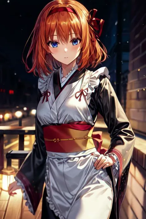 (masterpiece, best quality, ultra detailed, absurdres)1.5, 1girl, (sexy, beautiful woman, perfect face, perfect eyes, perfect female body)1.5, (kaede fuyou, WafuMaidCh, short hair, orange hair, blue eyes, hair ribbon, hairband, kimono, apron, frills, sash, extremely detailed clothes, soft smile,  <lora:kaedefuyou-LYCORIStest:0.7>,  <lora:WafuMaid:0.8>), (standing, cafe), winter night, smooth, hdr, <lora:more_details:0.7>