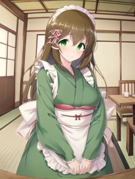 best quality, masterpiece, highres, detailed, perfect anatomy,  <lora:Detail - add_detail:0.2> , WafuMaidCh, checkered kimono, apron, frills, restaurant, <lyco:WafuMaid-10:0.8>,  <lora:Character - Mite:0.8>, Mite, green clothing, japanese room, tatami,