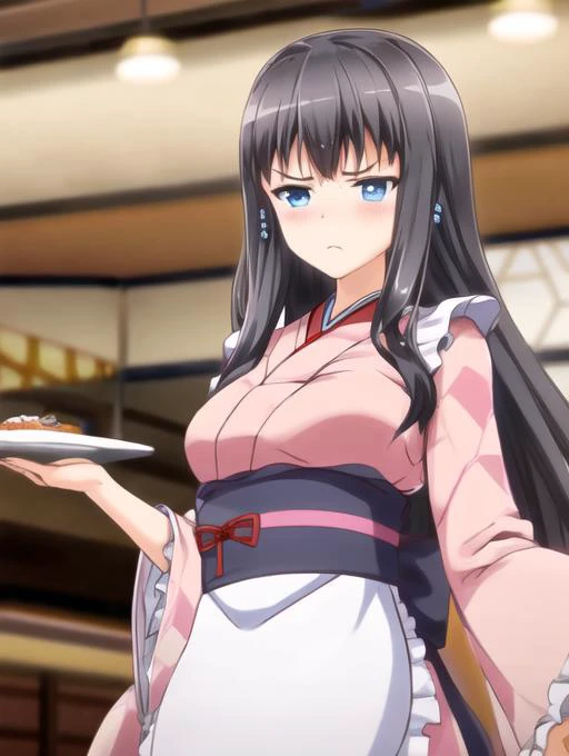 best quality, masterpiece, highres, detailed, perfect anatomy,  <lora:Detail - add_detail:0.2> , WafuMaidCh, checkered kimono, apron, frills, restaurant, <lyco:WafuMaid-10:0.8>, himenokisara, pink clothing, black hair, blue eyes, ribbons, annoyed, blush, tsundere, <lora:Character - HimenoKisara:1>