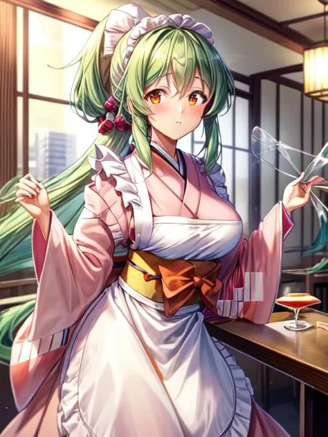 best quality, masterpiece, highres, detailed, perfect anatomy,  <lora:Detail - add_detail:0.2> , WafuMaidCh, checkered kimono, apron, frills, restaurant, <lyco:WafuMaid-10:0.8>, TokohaV, pink and white clothing, green hair, orange eyes, long hair, low ponytail,   <lora:Character - TokohaV:0.6>