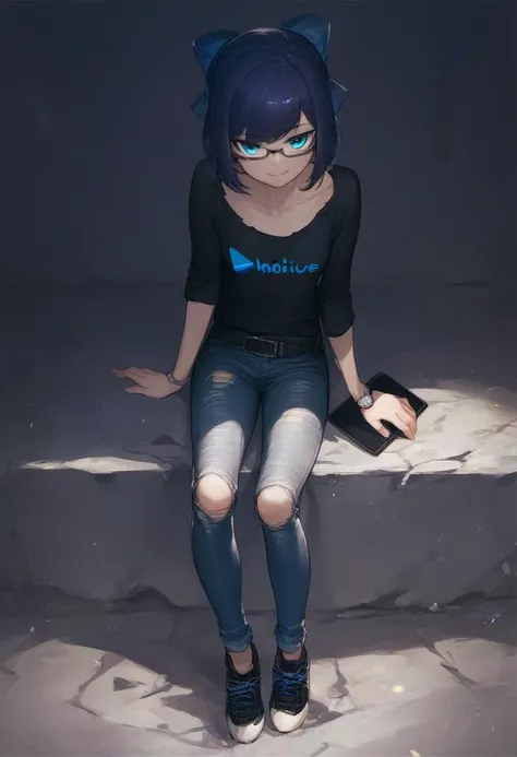 <lora:A-chan_for_PonyXL:1>, a-chan, shirt, looking at viewer, 1girl, smile, solo, breasts, collarbone, closed mouth, black shirt, long sleeves, pants, small breasts, denim, jeans, blue pants, standing, semi-rimless eyewear, belt, full body, shoes, black footwear, sneakers, watch, wristwatch, tablet pc, torn clothes, torn jeans, torn pants, looking at viewer, sitting, score_9, score_8_up, score_7_up, score_6_up, score_5_up, score_4_up