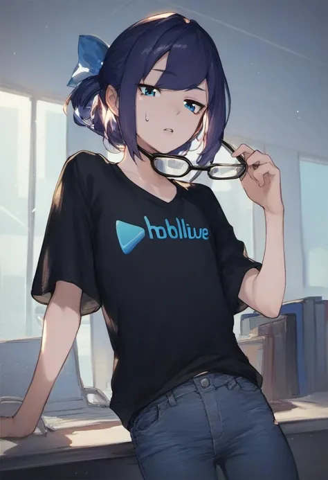 <lora:A-chan_for_PonyXL:1>, a-chan, shirt, 1girl, solo, black shirt, office, office desk, pants, holding, t-shirt, denim, jeans, looking at viewer, blue pants, logo, parted lips, flat chest, sweatdrop, eyewear removed, holding eyewear, score_9, score_8_up, score_7_up, score_6_up, score_5_up, score_4_up