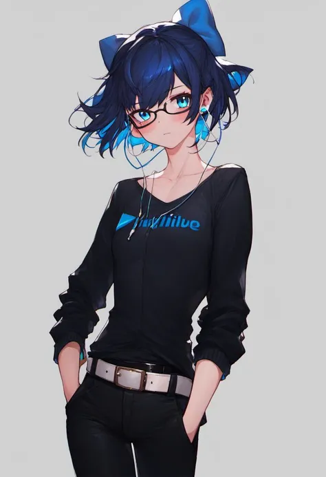 <lora:A-chan_for_PonyXL:1>, 1girl, virtual youtuber, solo, blue eyes, glasses, hand in pocket, hair bow, bow, black-framed eyewear, earphones, shirt, looking at viewer, blue bow, blue hair, simple background, pants, belt, black shirt, collarbone, breasts, black pants, small breasts, jacket, cowboy shot, bangs, nail polish, short hair, blue nails, white background, blush, grey background, medium hair, black jacket, closed mouth, earbuds, score_9, score_8_up, score_7_up, score_6_up, score_5_up, score_4_up