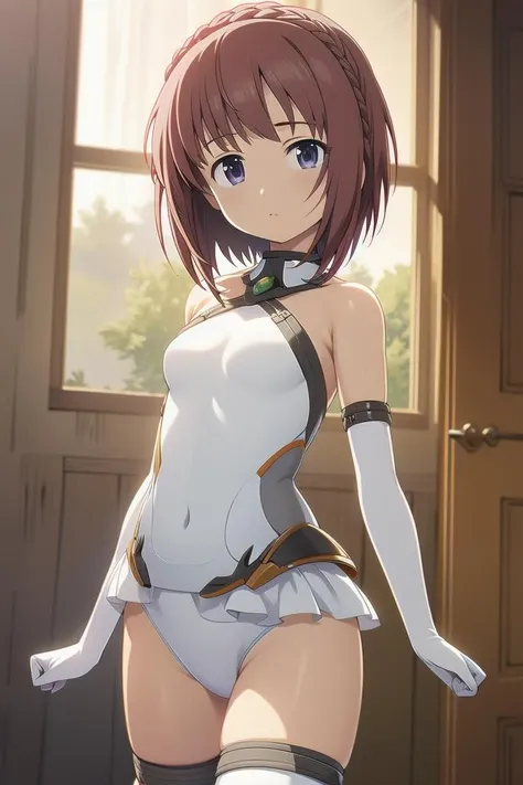 ultra-detailed, high resolution, extremely detailed cg, anime picture,(masterpiece, best quality:1.4), illustration ,1girl, white leotard, aika, braid, small breasts, white leotard, frille skirt, elbow gloves, white thighhighs, <lora:aikaAGA:0.8> <lora:deresute-v1.2:0.4>