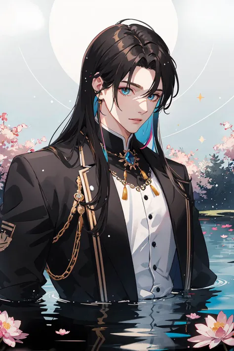 masterpiece, best quality, 1 male, adult, tall muscular, handsome, long hair, He floats on the water in a comfortable posture, a pond full of flowers, upper body, prism, many sparkling dust, glittering star, rainbow lights, Shining white particles, lens flare, colorful