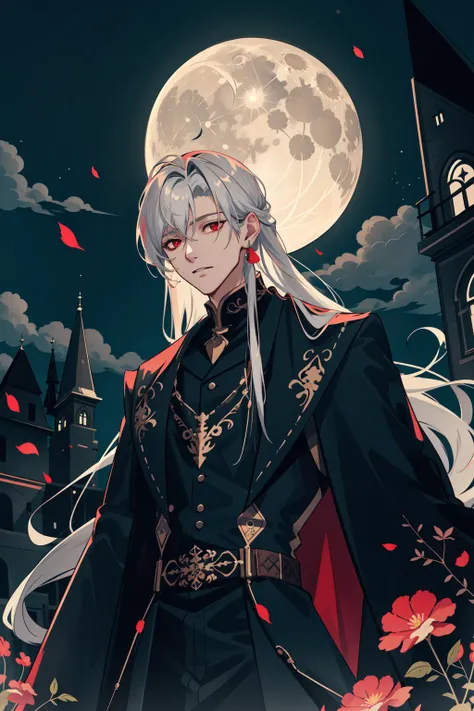 masterpiece, best quality, 1 male, adult, mature, tall, broad shoulders, handsome, long silver hair, red eyes, intricate details, fantasy, night, (dark theme), cinematic lighting, colorful, portrait, flying petal, Flowery meadow, cloudy sky, building, moon, light, dutch angle, cowboy shot