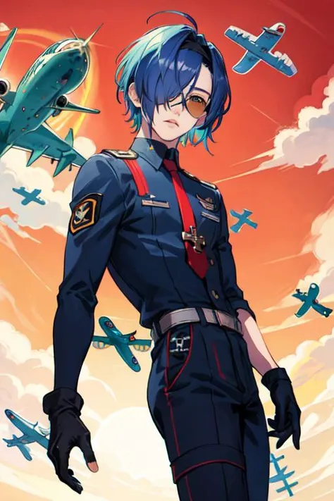 masterpiece,best quality,(1man), 25 years old,hair over one eye,short hair,cross hairband,colorful hair,colored inner hair,colored sunglasses,smock,tie,pilot style,skinny pant,Tactical gloves,airplane,head to thigh shot <lora:grand blue2:0.3> <lora:gachaSplashLORA_v40:0.3>