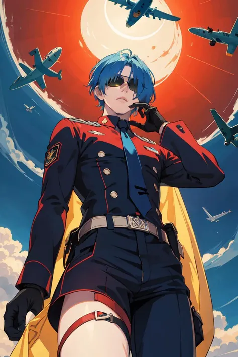 masterpiece,best quality,(1man), 25 years old,hair over one eye,short hair,colorful hair,colored inner hair,colored sunglasses,smock,tie,pilot style,skinny pant,Tactical gloves,airplane,from below,,head to thigh shot,depthoffield,cinematic lighting <lora:grand blue2:0.3> <lora:gachaSplashLORA_v40:0.3>