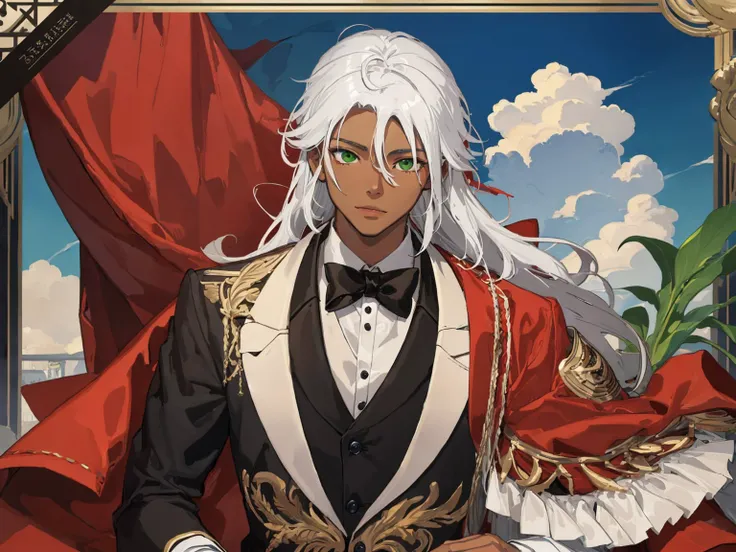 pixiv fanbox, official art, trending on artstation, digital art, divine,1boy, abs, dark skin, green eyes, white hair, long hair, suit, tuxedo, elegant,