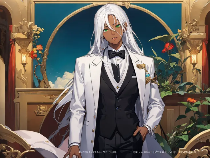 (pixiv fanbox, official art, trending on artstation, digital art, divine),1boy, abs, dark skin, green eyes, white hair, long hair, suit, tuxedo, elegant