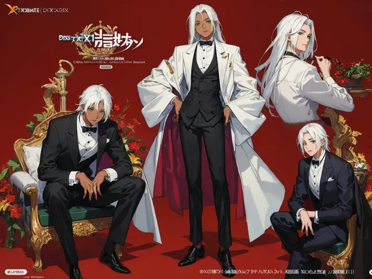 pixiv fanbox, official art, trending on artstation, digital art, divine,1boy, abs, dark skin, green eyes, white hair, long hair, suit, tuxedo, elegant,