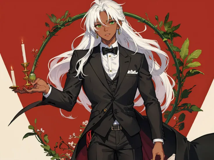 1boy, abs, dark skin, muscular, green eyes, white hair, long hair, suit, tuxedo,