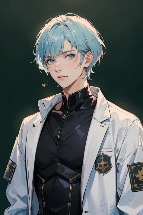 masterpiece, best quality, 1 male, adult, tall muscular, handsome, finely detailed eyes, intricate details, light blue hair, portrait, looking at viewer, solo, upper body, detailed background, detailed face, (medieval enchanted high fantasy magic theme:1.1), inventor,  lab coat, innovation, advanced technology, fantasy science lab in background, biology,  biohazard, virology,     blackboard, bright lighting,