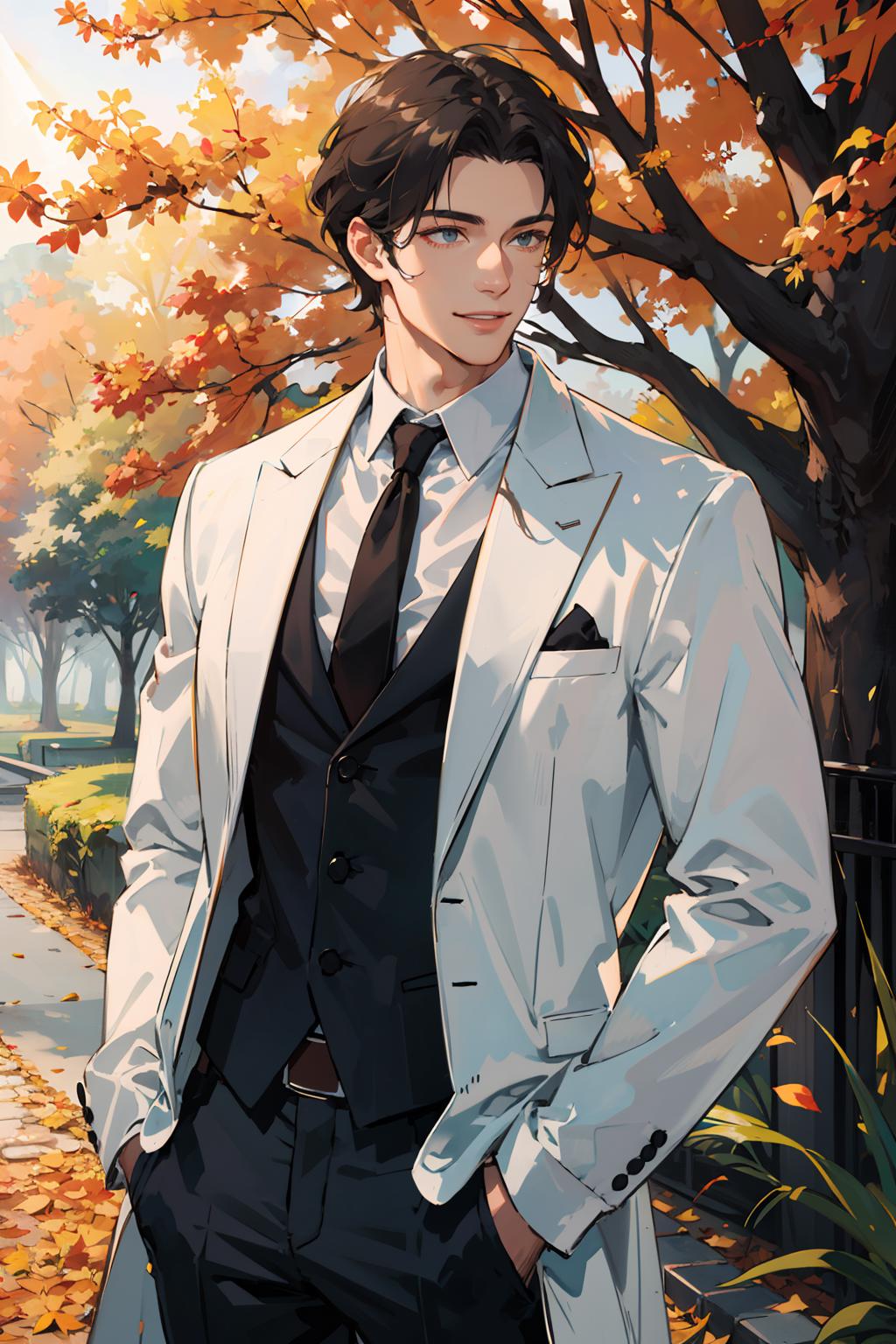 Anime man in a suit and tie standing in front of a tree - SeaArt AI