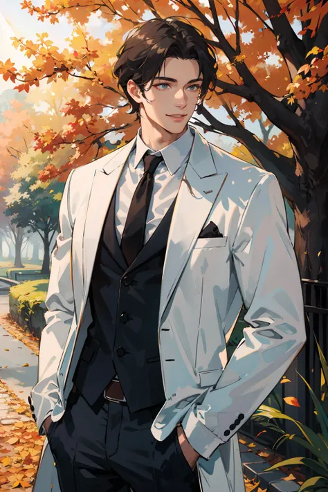 masterpiece, best quality, 1 male, adult, tall muscular, handsome, finely detailed eyes, intricate details, suit, white coat, forest, smile, outdoor, autumn, sunlight, sunshine
