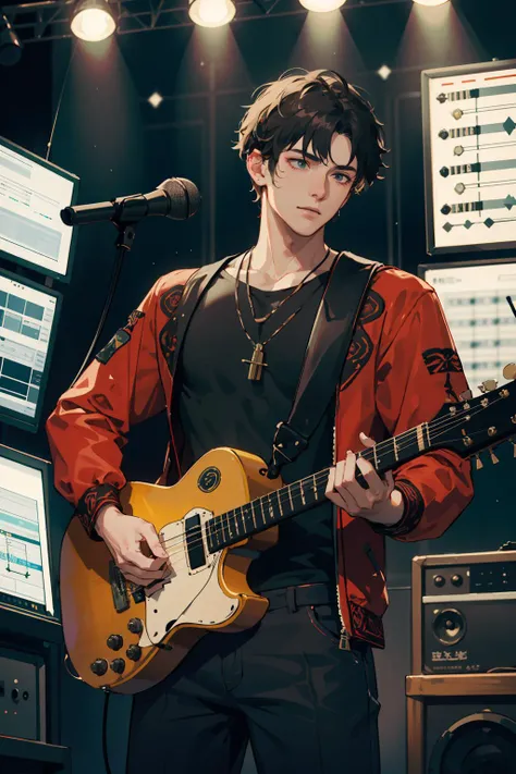 masterpiece, best quality, 1 male, adult, tall muscular, handsome, finely detailed eyes, intricate details, Musician, Musical attire, Recording studio, Composing music, Performing live, Collaborating with other musicians