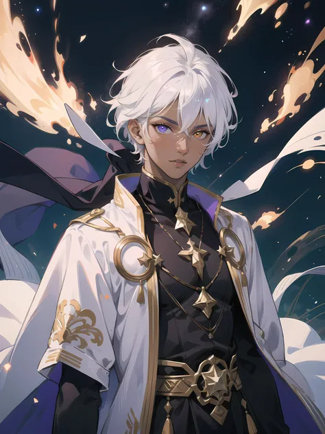 masterpiece,best quality,1boy,space,stars,noble,god,magic,dark-skinned male,stars on clothes,godly clothes,clothes,white hair,(heterochromia),particles,((purple)),upper body,(falling),((glowing)),lord,wind,special,sound effects,two colored,looking at viewer,solo focus,((male)),
