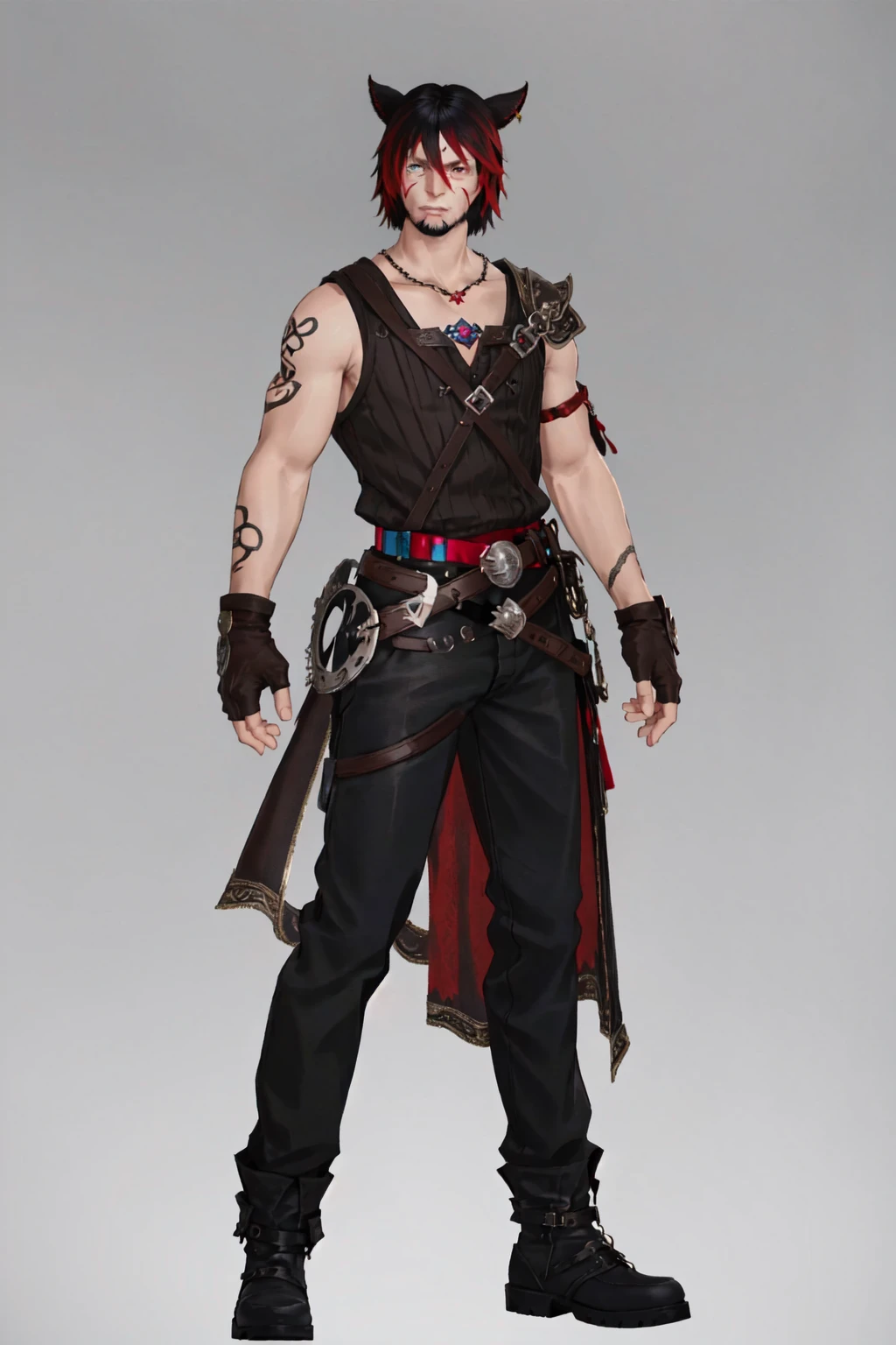 Khit'li L'ocar, blue eyes, red eyes, heterochromia, arm tattoo, arms at sides, bangs, beard, belt, black footwear, black gloves, black hair, black pants, boots, brown gloves, cat boy, clenched hands, collarbone, elbow gloves, facial hair, fingerless gloves, full body, gloves, gradient hair, grey background, hair between eyes, jewelry, looking at viewer, multicolored hair, neck tattoo, pants, red eyes, red hair, short hair, simple background, sleeveless, standing, straight-on, tattoo, two-tone hair, vambraces realistic, specular highlights, <lora:Miqote_Khitli:0.6>