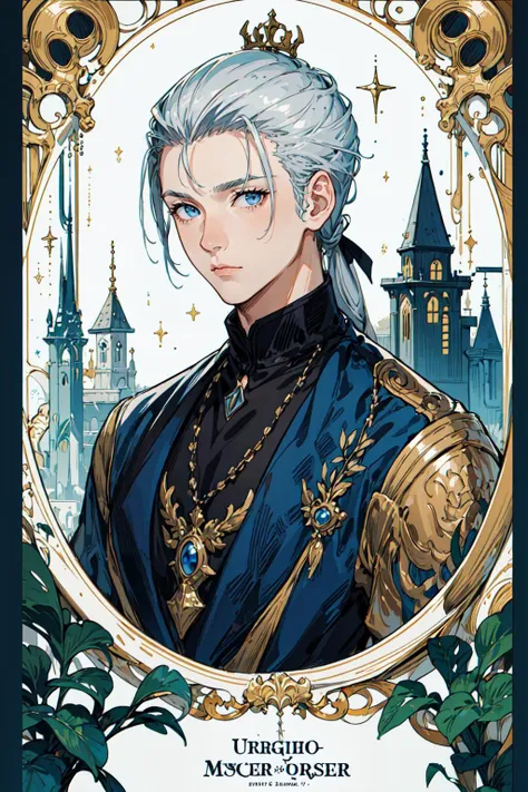 best quality, 1boy, mature male, upper body, <lora:Poster painting:0.5>,masterpiece, poster design,fantasy novel style, title,classical border,
silver hair, blue eyes, hair slicked back, expressionless,