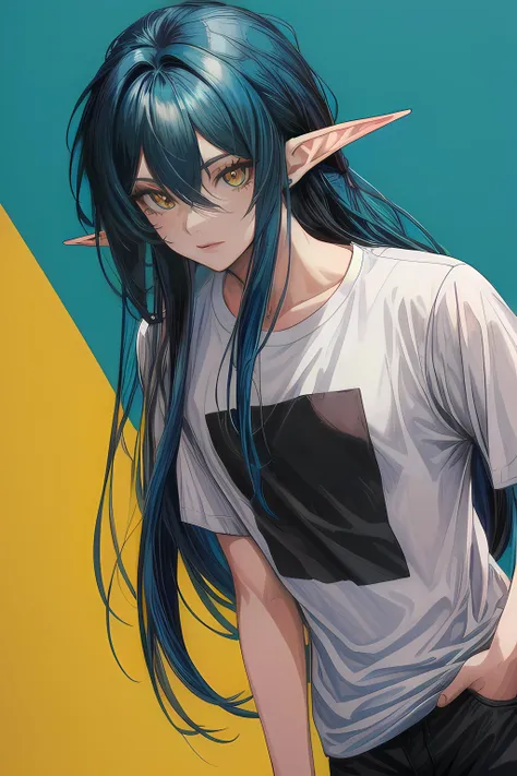 (masterpiece, best quality, highres, absurdres), 1boy, deep teal hair, hair between eyes, absurdly long hair, long hair, (yellow eyes:1.2), elf ears, danfeng eyes, casual t-shirt shirt, modern background, dynamic poses, looking looking at another, <lora:add_detail:1>