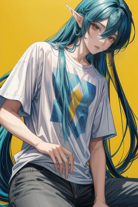 (masterpiece, best quality, highres, absurdres), 1boy, deep teal hair, hair between eyes, absurdly long hair, long hair, (yellow eyes:1.2), elf ears, danfeng eyes, casual t-shirt shirt, modern background, dynamic poses, looking looking at another, <lora:add_detail:1>