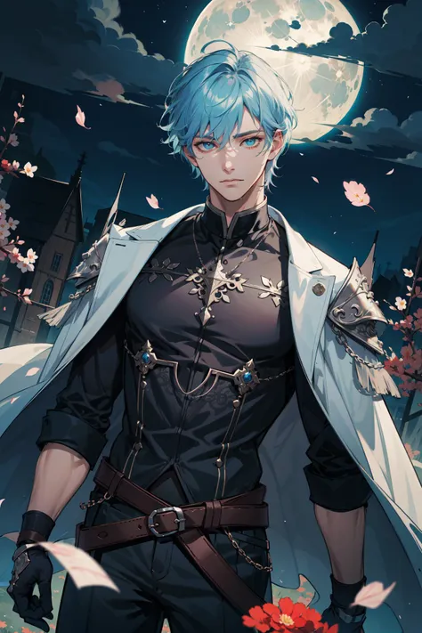 (absurdres, highres, ultra detailed), masterpiece, best quality, cowboy shot, dutch angle, finely detailed eyes and detailed face, intricate details, complex background, cinematic lighting, 1boy, mature, handsome, tall muscular guy, broad shoulders, solo, light blue hair, heterochromia, fantasy, night, dark theme, cinematic lighting, colorful, portrait, flying petal, Flowery meadow, cloudy sky, building, moon, light, dutch angle, cowboy shot
