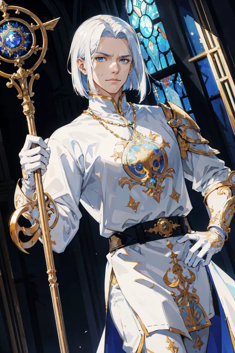 (absurdres, highres, ultra detailed), 1 male, handsome, tall muscular guy, long white sleek bob hair, finely detailed blue eyes, portrait, looking at viewer, solo, half shot, detailed background, detailed face, (wearing ornate golden heavy armor), smirk, temple indoors, stained glass windows, night, moonlight, staff of restoration, holy, complex background, stuff, fog, (dutch angle), closed mouth