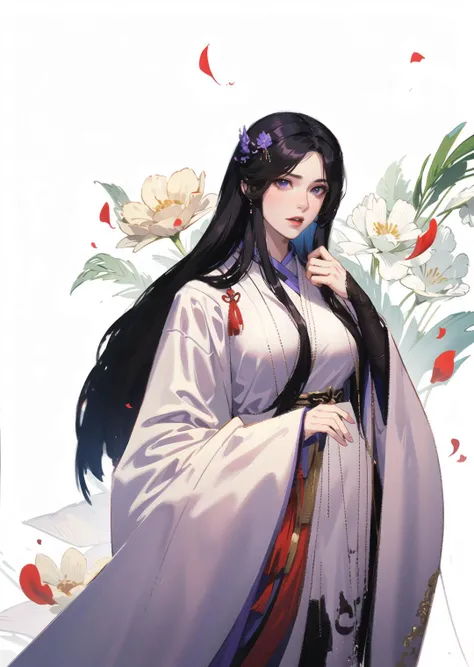masterpiece, best quality,1female, wear Chinese hanfu,Ancient Chinese Clothing,Purple clothing, With petal hair accessories on the head,facing the audience, black long hair, Gentle expression, dynamic pose, full of imagination, unmatched composition ultra-detailed super high quality.