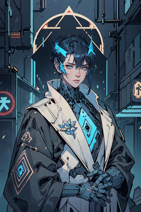 by josan gonzalez,masterpiece, (1man), (half body), tall young man, ((male focus)), tall mature guy, long black hair, neon blue horns, pale skin, scarlet eyes, moles, , sparks, particles,cyberpunk, cyborg, looking_at_viewer,, fortified suit,long black coat, black plugsuit, solo, standing, symmetrical eyes, eyeshadows, detailed face and eyes, dynamic lighting, cinematic lighting, volume lighting, ultra high resolution, cyberpunk, night cyberpunk city with neon lighting, futobot, <lora:Futuristicbot4:0.65>, <lora:deathburger josan gonzalez:0.55>, modelshoot style, (extremely detailed CG unity 8k wallpaper), professional majestic oil painting by Ed Blinkey, Atey Ghailan, Studio Ghibli, by Jeremy Mann, Greg Manchess, Antonio Moro, trending on ArtStation, trending on CGSociety, Intricate, High Detail, Sharp focus, dramatic, photorealistic painting art by midjourney and greg rutkowski