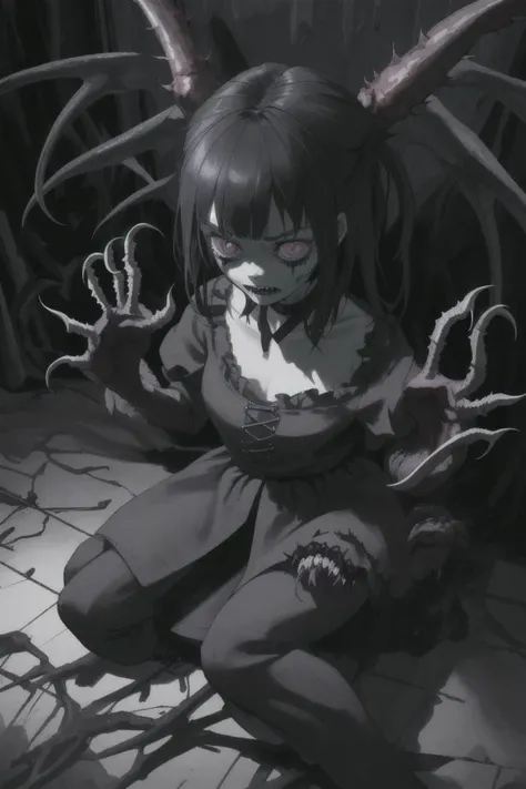 horror art, (sitting in a dark room) being stalked by a terrifying monster (behind her) with large claws and sharp teeth, photorealistic, dark, very detailed, horror, Eerie, unsettling, dark, spooky, suspenseful,4k, 8k uhd, hr, hdr, ultra-detailed,