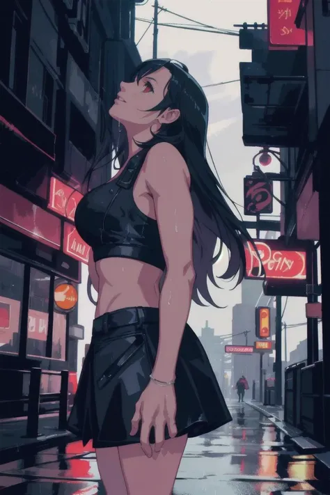 Tifa Lockhart, final fantasy VII remake, standing in the rain, city street at night, hands behind her back, looking up at the sky, long hair, masterpiece, very detailed, detailed face, red eyes<lora:tifa_lockhart_offset:1><lora:tifa_lockhart_offset:1><lora:tifa_lockhart_offset:1><lora:tifa_lockhart_offset:1>