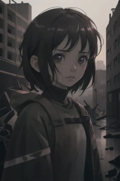 portrait of a alone in the middle of a destroyed post-apocalyptic city, staring straight ahead, staring blankly, photorealistic, 8k, hyper-detailed, sad, horror, cinematic light,
