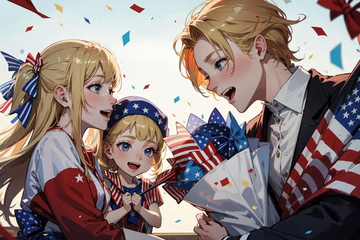 ((best quality, masterpiece, absurbres)) Happy, Laughing, Patriotic, American flag, Celebration, National Day, Red, White, Blue, Blonde Hair, Confetti, Stars and Stripes, Family, Couple and their Kids, Parade, Party