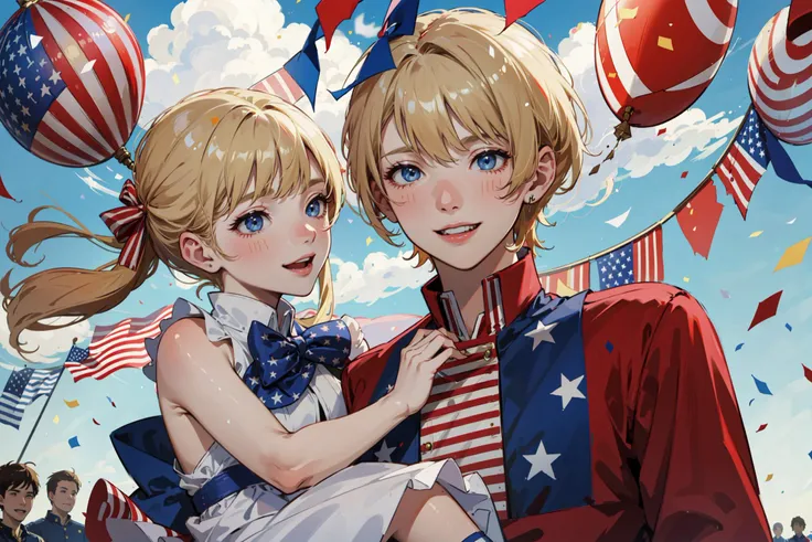 ((best quality, masterpiece, absurbres)) Happy, Laughing, Patriotic, American flag, Celebration, National Day, Red, White, Blue, Blonde Hair, Confetti, Stars and Stripes, Family, Couple and their Kids, Parade, Party
