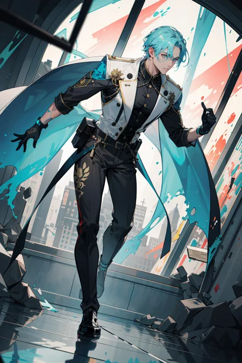 (absurdres, highres, ultra detailed, masterpiece, best quality), full body, dutch angle, finely detailed eyes and detailed face, intricate details, complex background, cinematic lighting, 1boy, mature, handsome, tall muscular guy, broad shoulders, solo, light blue hair, turquoise eyes, Mecha, regular, stylish pose, window art, glass painting, transparent designs, colorful patterns, light-filled displays, creative installations, temporary creations, stone sculpture, carved figures, timeless elegance, skilled craftsmanship, natural materials, enduring beauty, historic art form, glitch art, digital distortion, pixelated fragments, data corruption, colorful noise, visual chaos, contemporary aesthetics, enamel art, glass-like surface, vibrant colors, glossy finish, reflective textures, rich pigments, fluid forms, depth of field, from directly below, dynamic angle,