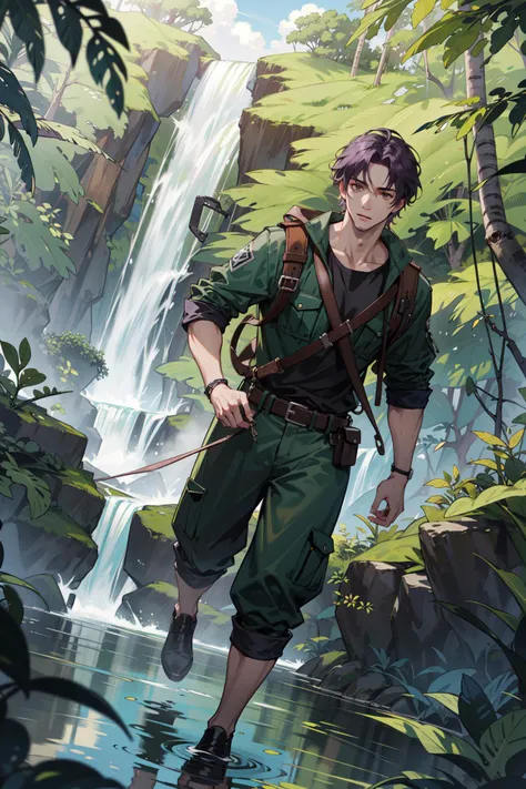 (absurdres, highres, ultra detailed, masterpiece, best quality), full body, dutch angle, finely detailed eyes and detailed face, intricate details, complex background, cinematic lighting, 1boy, mature, handsome, tall muscular guy, broad shoulders, solo, violet hair, brown eyes, Wild jungles, lush forests, lush vines, mossy rocks, swamps, waterfalls, hot and humid equatorial weather, exploring archaeologists, explorer, jumpers, belts, goggles, rope, map, compass, alligator, wildlife, dynamic angle, action, daybreak, looking at viewer,