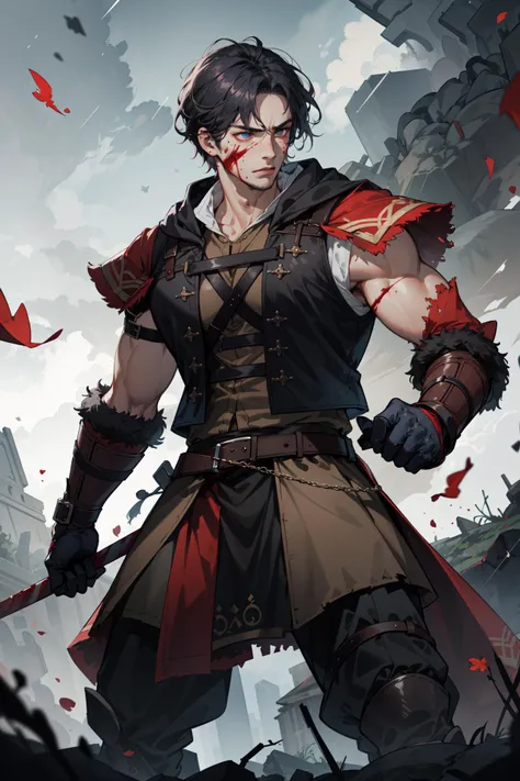 (absurdres, highres, ultra detailed), masterpiece, best quality, 1boy, solo, handsome, tall muscular guy, broad shoulders, finely detailed eyes and detailed face, extremely detailed CG unity 8k wallpaper, intricate details, swedish freckles (full body:0.6), detailed background, (angry:0.1) (battle-cry:0.8) fighting stance dynamic pose dark ages, dark fantasy atmosphere norse theme, norse mythology, viking age, pagan nordic medieval norse fighter, red war paint on face simple muted dark blue padded leather vest, autumn, fallen leaves, dusk dust cloud berserker bloodthirsty blood soaked blood spatters dark storm clouds rain cinematic scene composition fury of the old gods