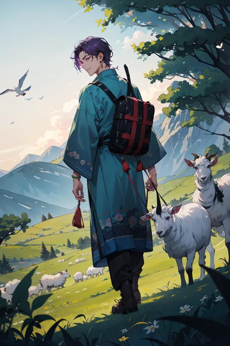 (absurdres, highres, ultra detailed, masterpiece, best quality), full body, dutch angle, finely detailed eyes and detailed face, intricate details, complex background, cinematic lighting, 1boy, mature, handsome, tall muscular guy, broad shoulders, solo, purple hair, pink eyes, Farms, walking, loitering pose, goats, sheep, shepherds, plains, mountains in the distance, pastures, grass, weeds, hedges, herders, piper, peaceful, tranquil, secluded, ethnic style, traditional clothing, vibrant patterns, handmade textiles, cultural motifs, beaded jewelry, artisanal accessories, night, depth of field, from back, dynamic angle, smile