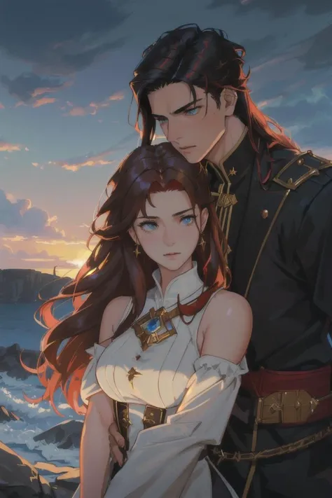 romantic oil painting depicting a couple female and male, female (wavy shoulder-length red hair, golden brown eyes) and a strong male (spiky ((black hair)), brilliant blue eyes, an X-shaped scar on his cheek), fucking, sex, doggy style, artgerm, krenz cushart, greg rutkowski, pixiv. cinematic dramatic atmosphere,